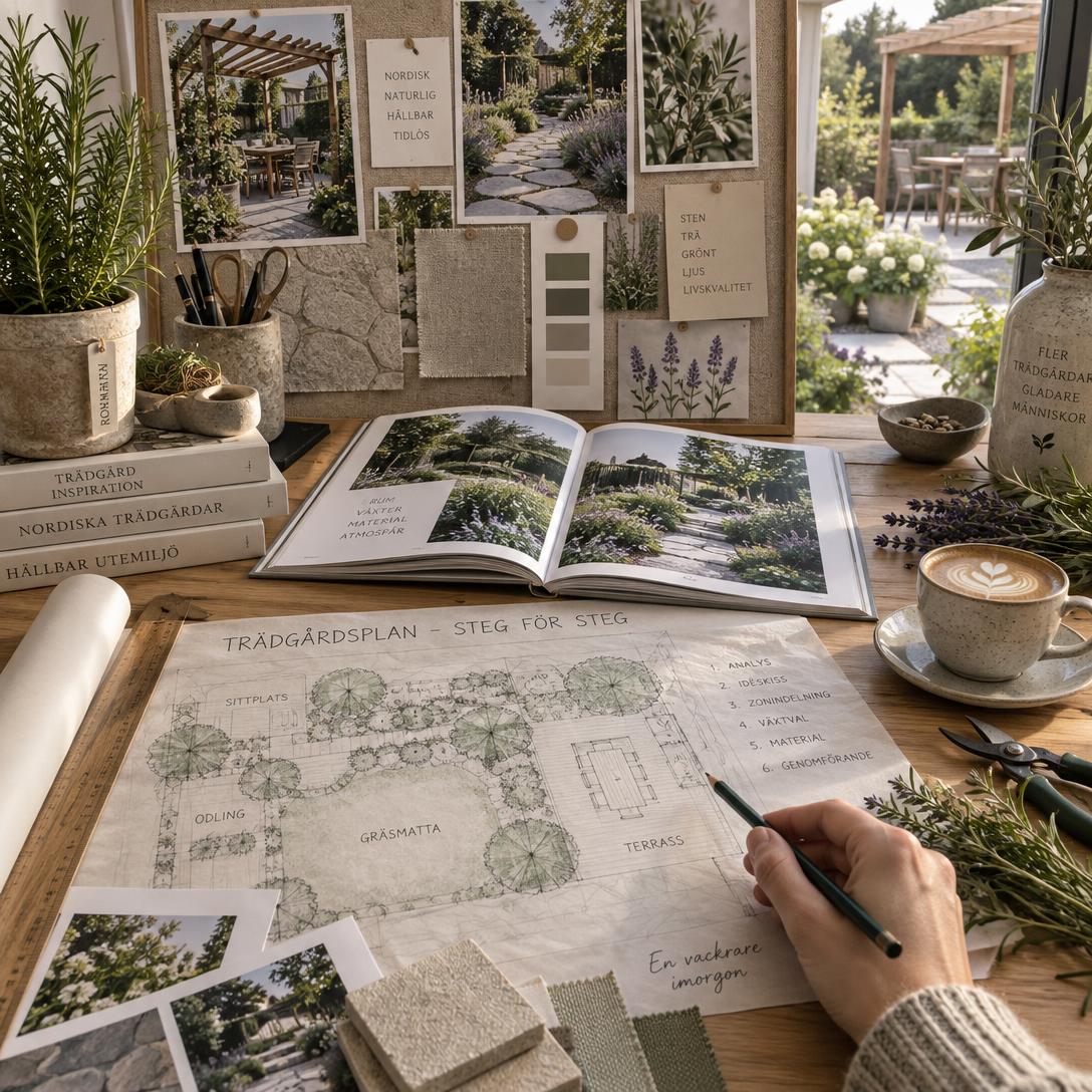 Trädgårdsdesign med moodboard, skisser och planritning